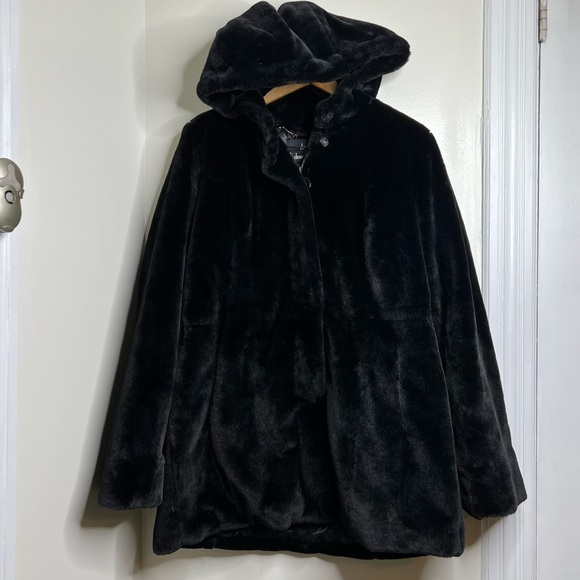 Dennis by Dennis Basso Black faux fur coat Hood Woman Size Medium Mob Wife - Picture 1 of 13